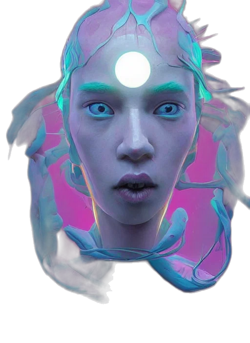 mask, face, creature, robot, vaporwave, cyberpunk, concept art, 3d render transparent PNG cut-out