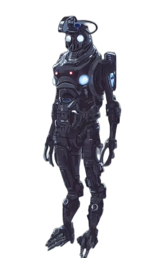 robot, staff, concept art, 3d render, cyberpunk, comic book art, outer space, dark transparent PNG cut-out