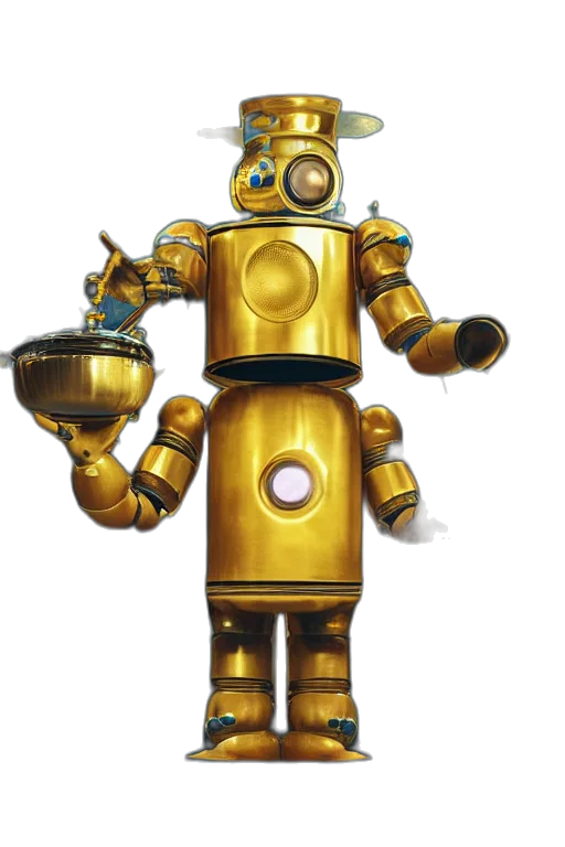 robot, staff, weapon, animal, concept art, 3d render, pixel art, golden transparent PNG cut-out