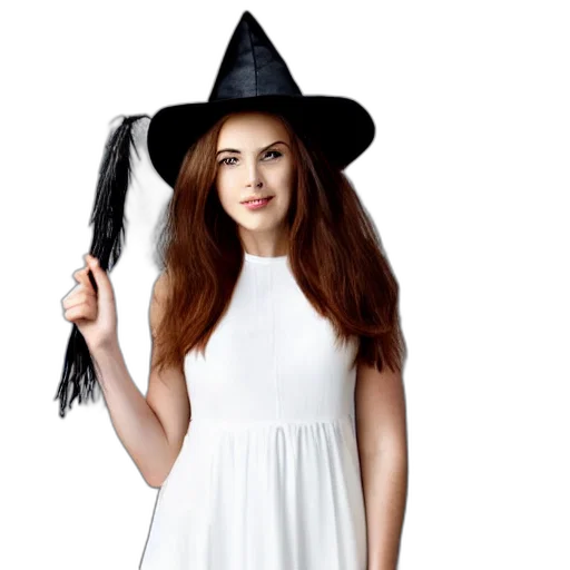 hat, dress, hair, staff, monochrome, witch, white, black transparent PNG cut-out
