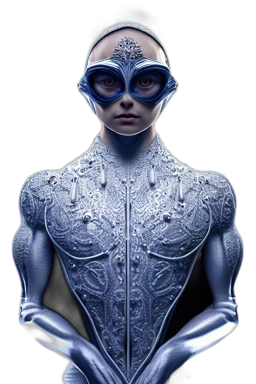 mask, dress, robot, face, concept art, comic book art, 3d render, photorealistic transparent PNG cut-out