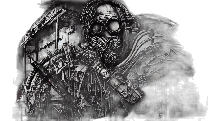robot, mask, weapon, face, concept art, pencil sketch, comic book art, cyberpunk transparent PNG cut-out