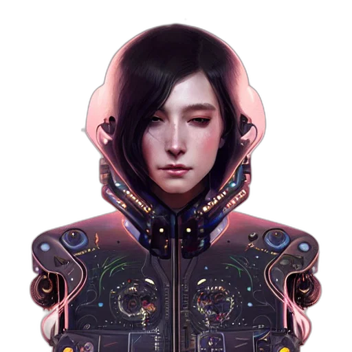 jacket, face, robot, jewelry, cyberpunk, fantasy art, concept art, pixel art transparent PNG cut-out