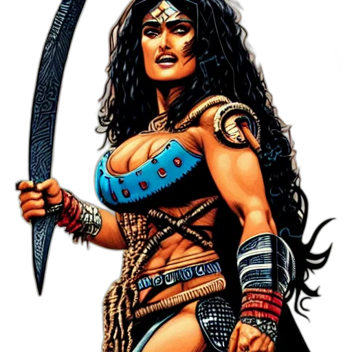 comic book art, fantasy art, concept art, cartoon, illustration, salma, hayek, barbarian transparent PNG cut-out