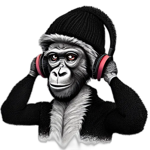 cartoon, photorealistic, concept art, wizard, ape, headphones, knitted, cap transparent PNG cut-out