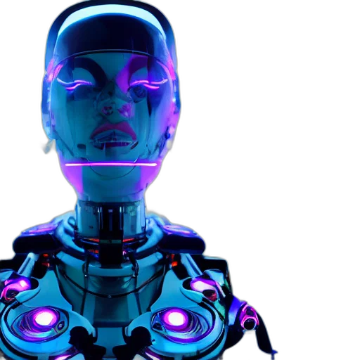 robot, cyberpunk, 3d render, concept art, neon lights, beautiful, japanese, cyborg transparent PNG cut-out