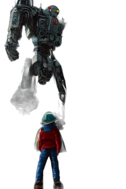robot, concept art, comic book art, 3d render, fantasy art, fog, kid, front transparent PNG cut-out