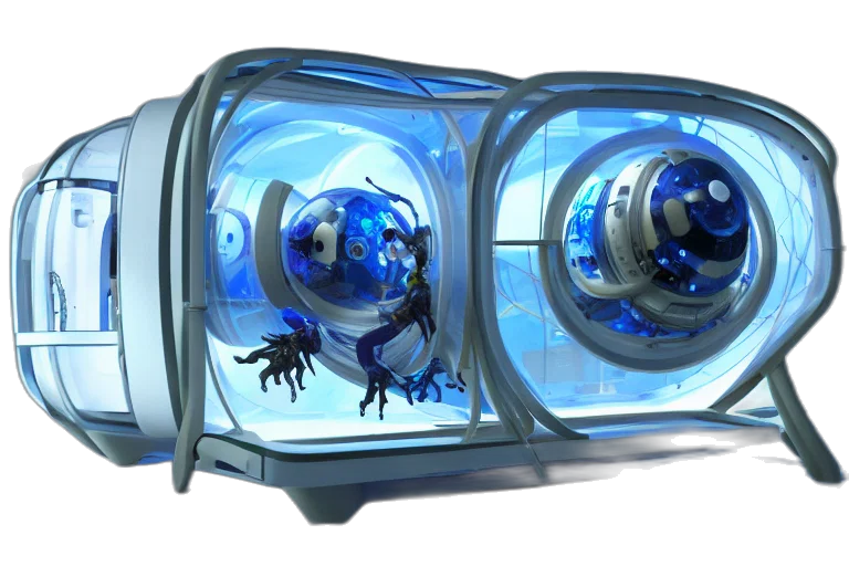 robot, concept art, 3d render, cyberpunk, fantasy art, underwater, outer space, blue transparent PNG cut-out