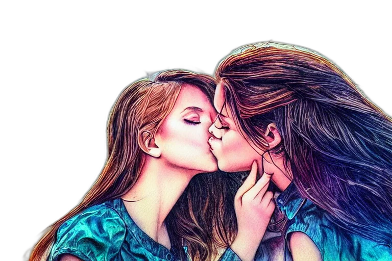 watercolor, photorealistic, pencil sketch, comic book art, neon lights, colorful, girl, kiss transparent PNG cut-out