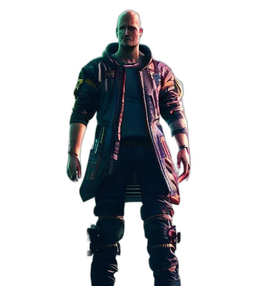 jacket, staff, weapon, face, cyberpunk, concept art, 3d render, pixel art transparent PNG cut-out