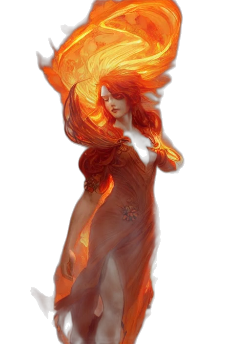 dress, hair, fantasy art, concept art, pixel art, comic book art, fire, red transparent PNG cut-out