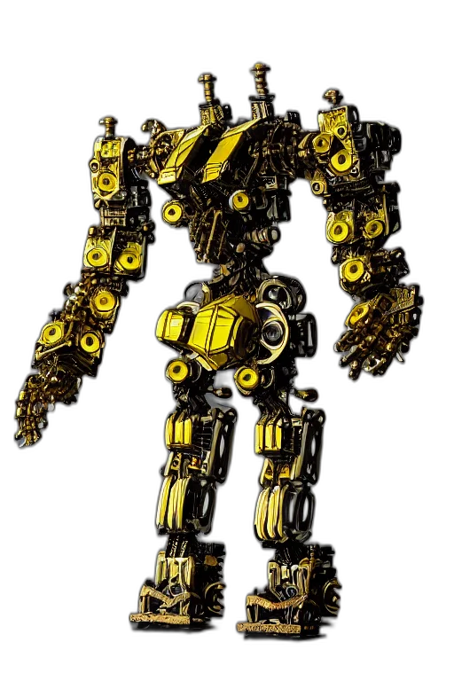 robot, weapon, staff, animal, concept art, 3d render, pixel art, golden transparent PNG cut-out