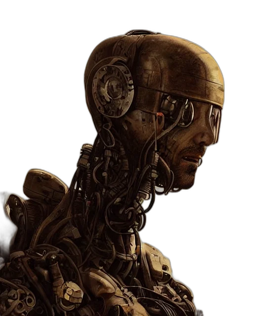 robot, face, cyberpunk, concept art, photorealistic, 3d render, rugged, technician transparent PNG cut-out