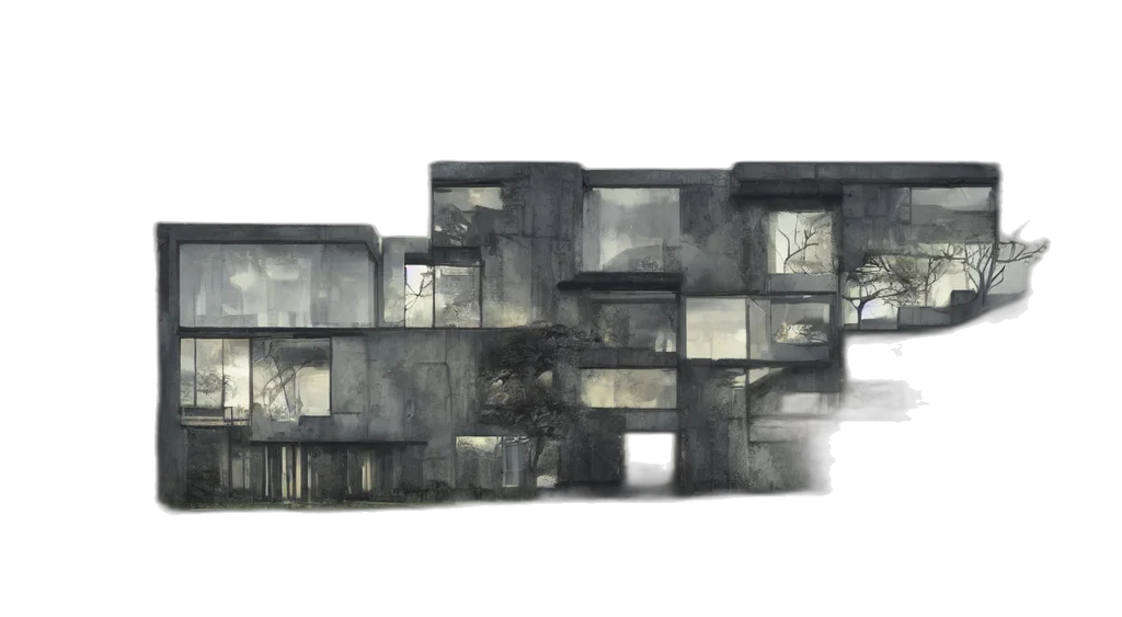 furniture, building, car, concept art, 3d render, photorealistic, fantasy art, fog transparent PNG cut-out