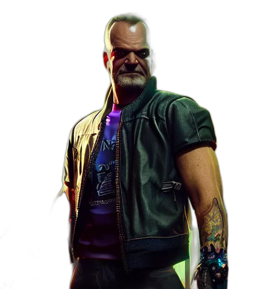 jacket, staff, weapon, face, cyberpunk, concept art, comic book art, photorealistic transparent PNG cut-out