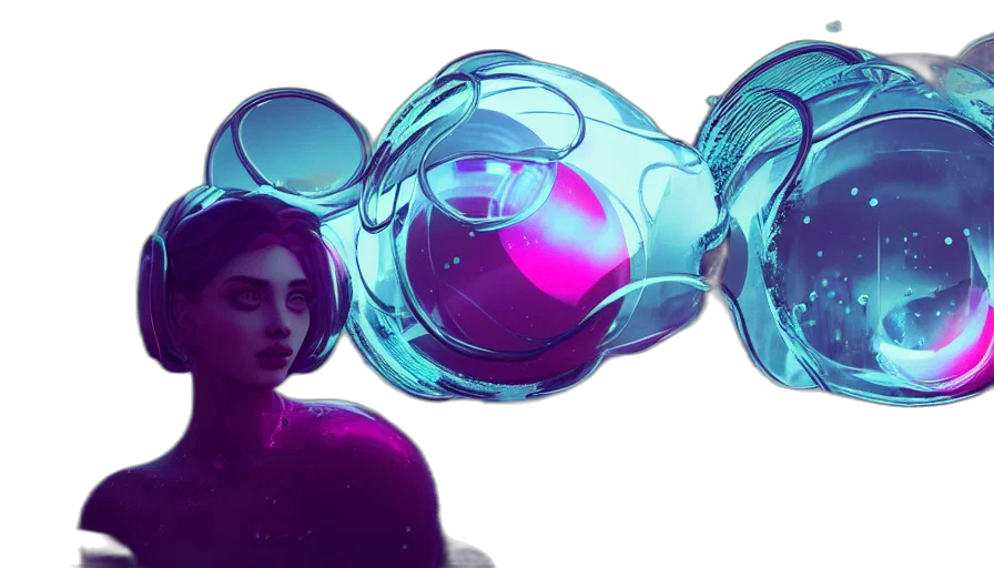 bottle, mask, cyberpunk, concept art, vaporwave, 3d render, neon lights, underwater transparent PNG cut-out