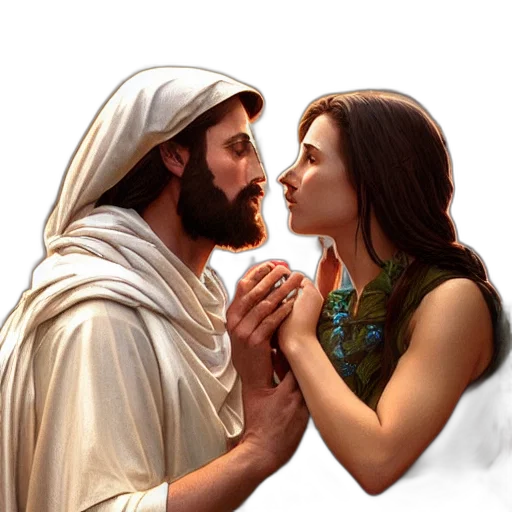 jewelry, photorealistic, fantasy art, oil painting, concept art, forest, snow, jesus transparent PNG cut-out