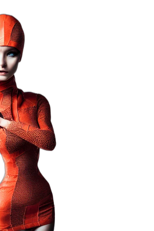 robot, dress, 3d render, concept art, cyberpunk, photorealistic, red, beautifull transparent PNG cut-out