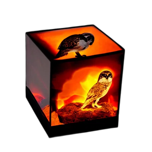 3d render, concept art, fantasy art, photorealistic, fire, owl, shape, cube transparent PNG cut-out
