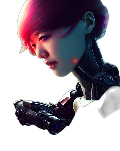 robot, face, weapon, cyberpunk, concept art, 3d render, photorealistic, neon lights transparent PNG cut-out