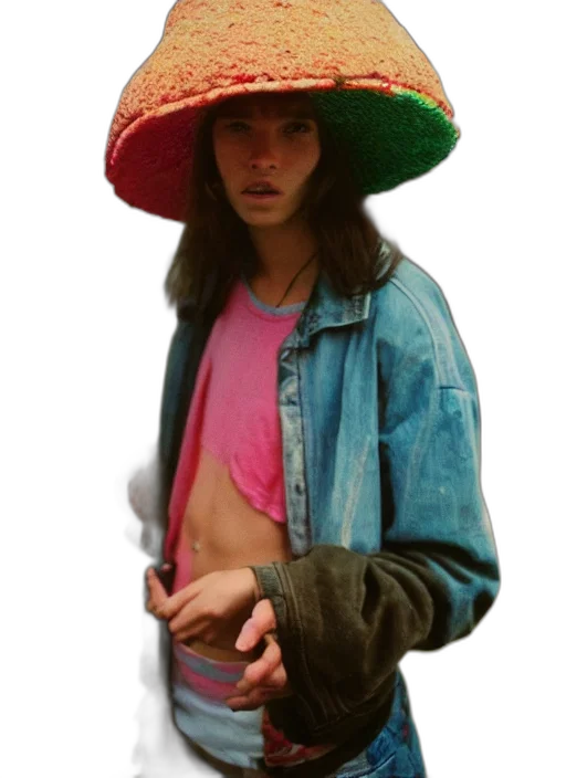hat, jacket, umbrella, face, vaporwave, photorealistic, oil painting, concept art transparent PNG cut-out