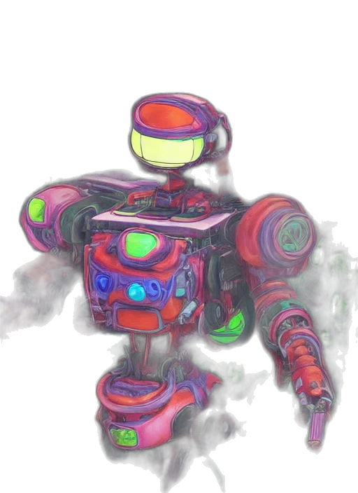 robot, weapon, creature, jacket, concept art, 3d render, watercolor, vaporwave transparent PNG cut-out