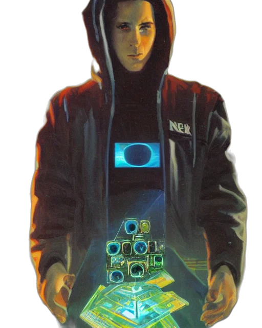 jacket, robot, face, staff, cyberpunk, concept art, vaporwave, pixel art transparent PNG cut-out