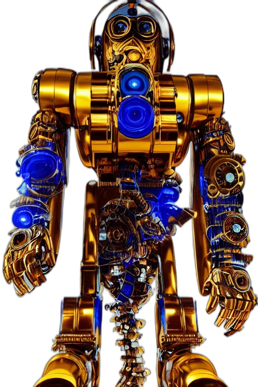 robot, jewelry, weapon, staff, concept art, 3d render, golden, blue transparent PNG cut-out