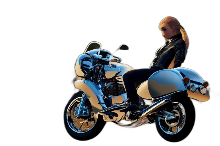 jacket, concept art, 3d render, photorealistic, cartoon, girl, motocycle, chrome transparent PNG cut-out