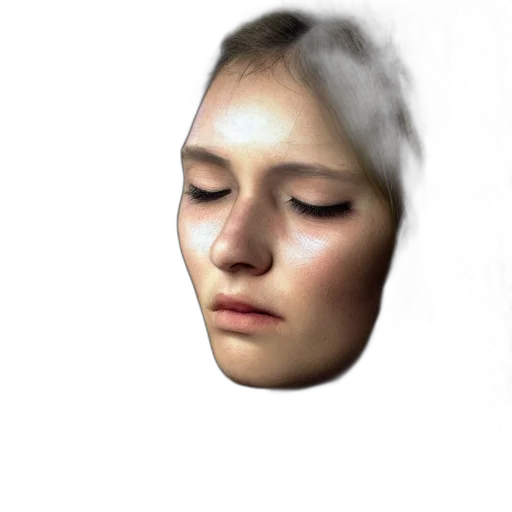 face, mask, robot, hair, 3d render, photorealistic, concept art, vaporwave transparent PNG cut-out