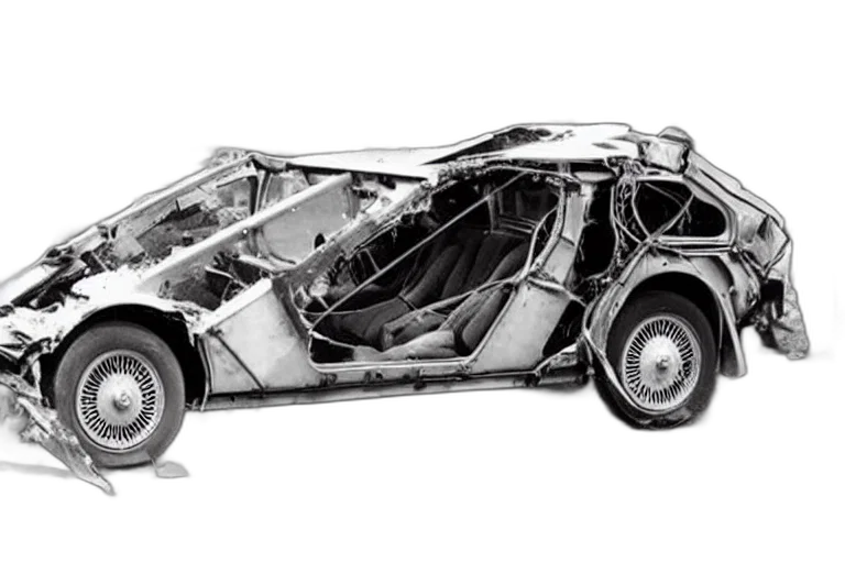 car, robot, concept art, photorealistic, 3d render, comic book art, crash, delorean transparent PNG cut-out