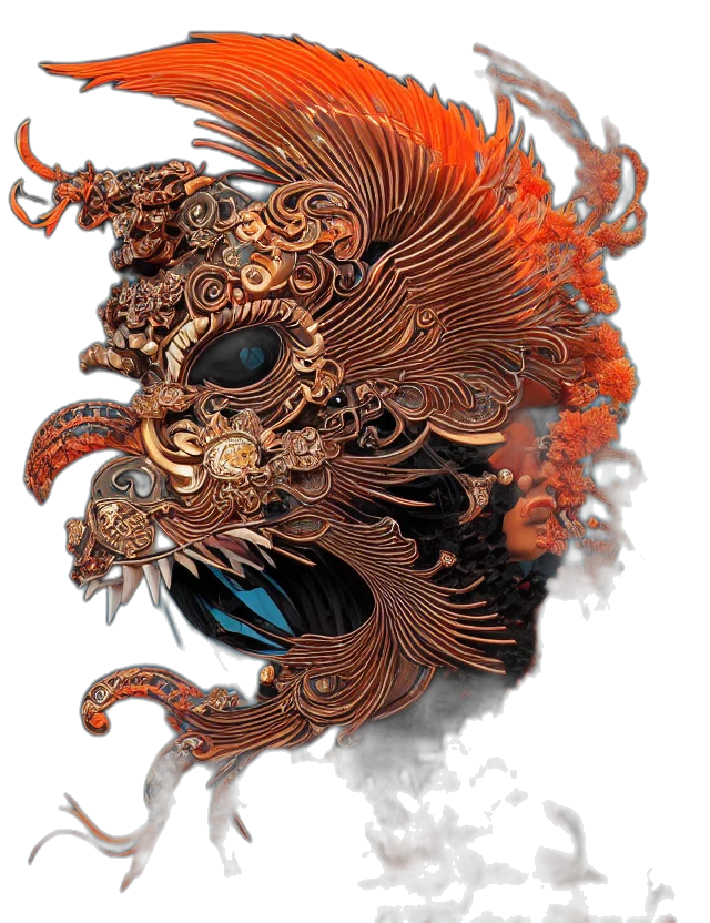 mask, dragon, crown, face, concept art, fantasy art, photorealistic, 3d render transparent PNG cut-out