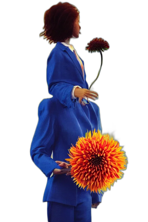 flower, staff, jacket, crown, 3d render, concept art, photorealistic, blue transparent PNG cut-out