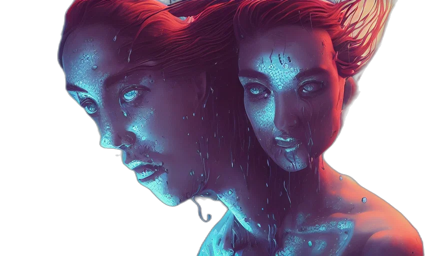 face, mask, concept art, cyberpunk, comic book art, photorealistic, underwater, neon lights transparent PNG cut-out