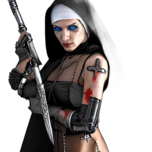 weapon, concept art, comic book art, cyberpunk, fantasy art, nun, warrior, highly transparent PNG cut-out