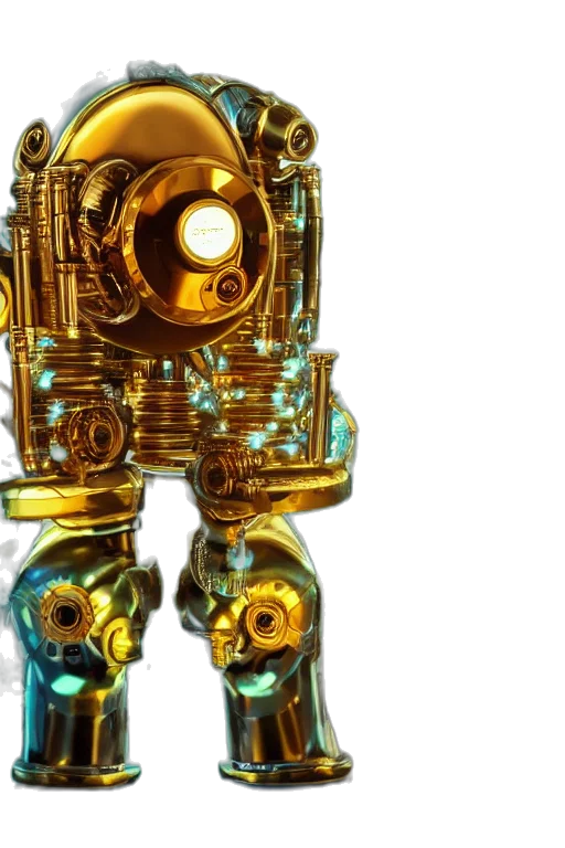 robot, weapon, staff, sword, concept art, 3d render, golden, portrait transparent PNG cut-out
