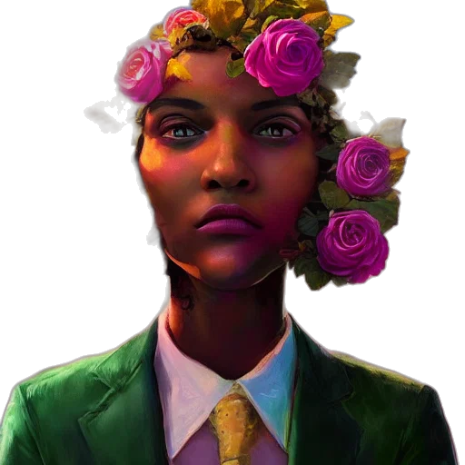 face, crown, flower, staff, concept art, fantasy art, vaporwave, comic book art transparent PNG cut-out