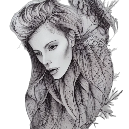 dragon, face, hair, dress, pencil sketch, fantasy art, photorealistic, comic book art transparent PNG cut-out