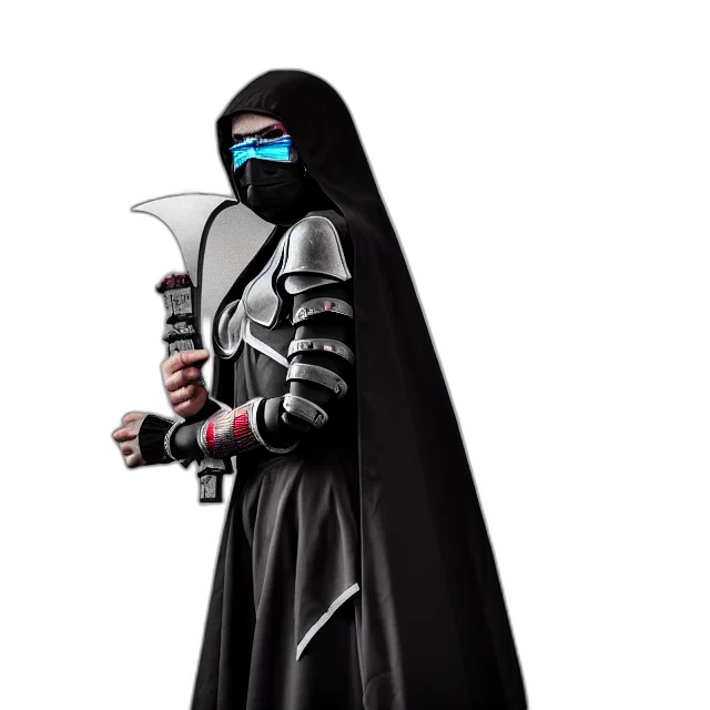 staff, mask, robot, sword, cyberpunk, concept art, 3d render, photo transparent PNG cut-out