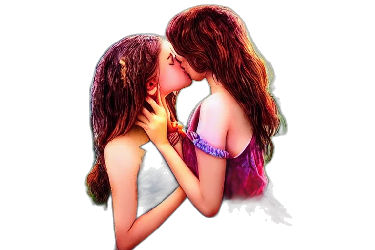 photorealistic, concept art, watercolor, pixel art, neon lights, girl, kiss, fantasy transparent PNG cut-out