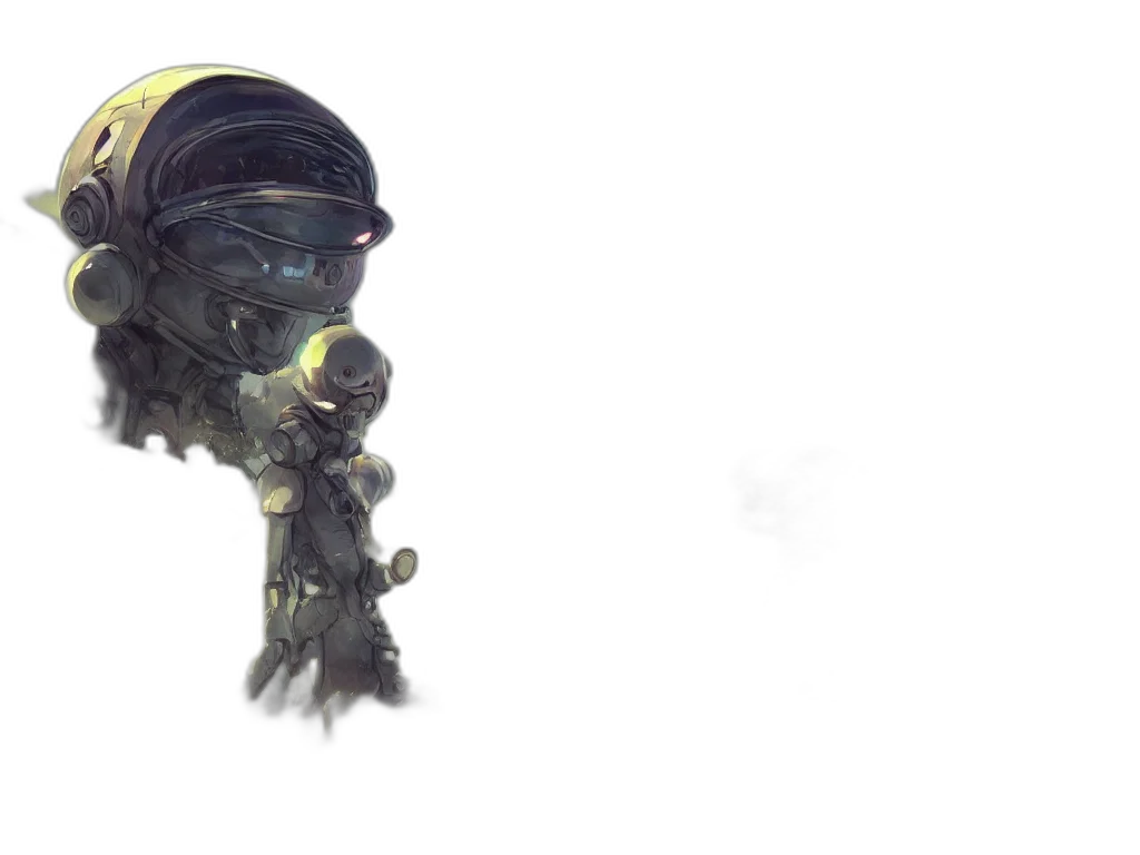 mask, creature, robot, staff, concept art, 3d render, watercolor, photorealistic transparent PNG cut-out