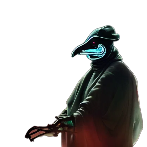 mask, jacket, hat, staff, concept art, cyberpunk, vaporwave, fantasy art transparent PNG cut-out