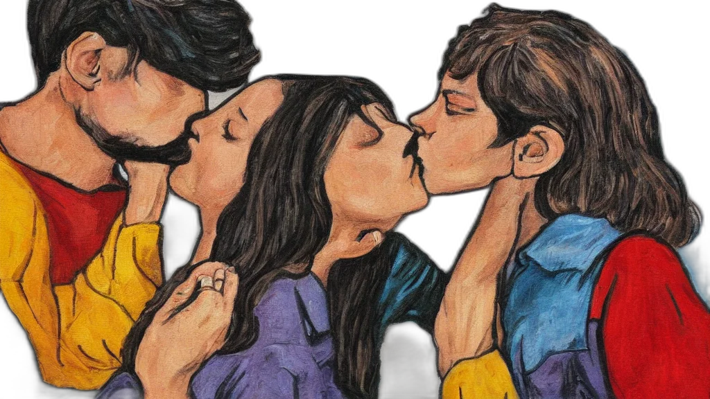 watercolor, comic book art, photorealistic, cartoon, man, woman, kissing, tachisme transparent PNG cut-out