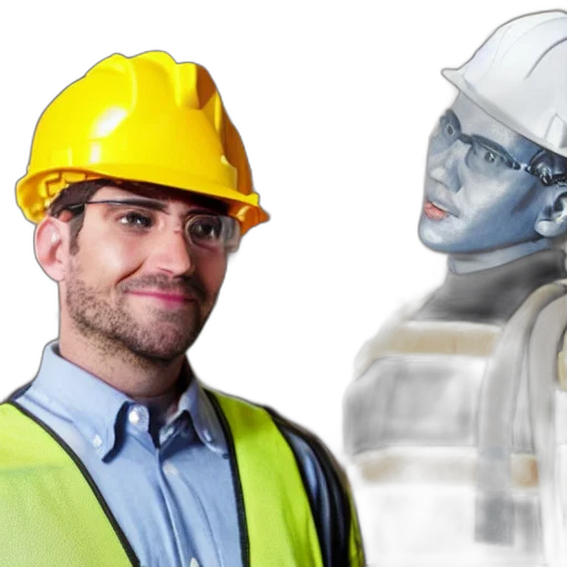 robot, staff, 3d render, photorealistic, concept art, man, dressed, construction transparent PNG cut-out