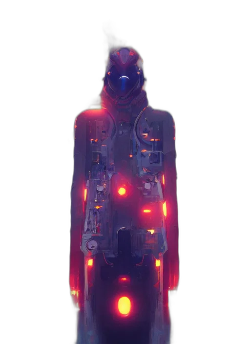 jacket, robot, dress, staff, cyberpunk, concept art, 3d render, pixel art transparent PNG cut-out