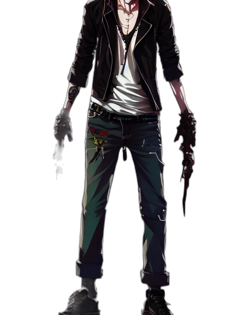 jacket, staff, weapon, concept art, cyberpunk, fantasy art, comic book art, dark transparent PNG cut-out