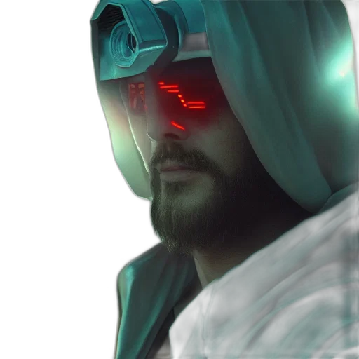 robot, mask, face, jacket, cyberpunk, concept art, 3d render, photorealistic transparent PNG cut-out