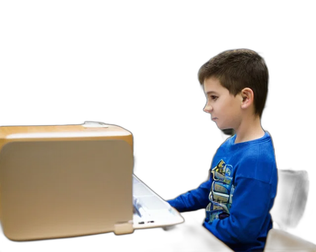 furniture, robot, 3d render, kid, library, using, computer, there transparent PNG cut-out