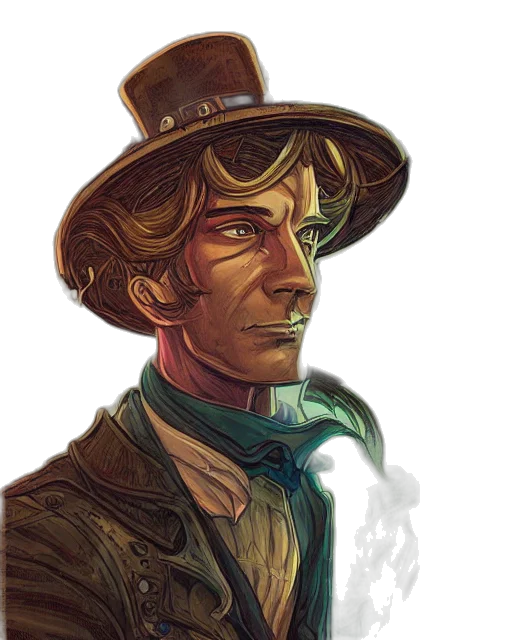 hat, face, staff, comic book art, concept art, fantasy art, watercolor, golden transparent PNG cut-out
