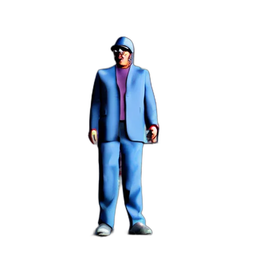 jacket, staff, robot, 3d render, concept art, vaporwave, pixel art, blue transparent PNG cut-out